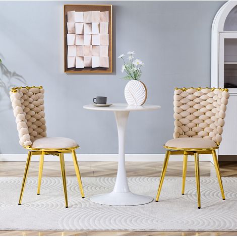 Lot de 2 chaises de salle à manger en velours beige, dossier en corde tressée, pieds métal doré (1/5)