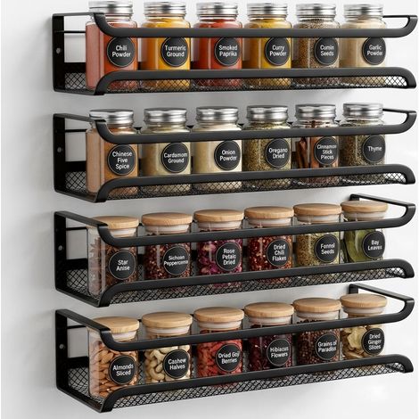 Rangement Epices Cuisine 4 Cases en Métal Mural - Sans Percer : Adhésif OU Vis pour Mur Cuisine/Porte Placard - Gain de Place, Design Élégant (Noir) (1/5)