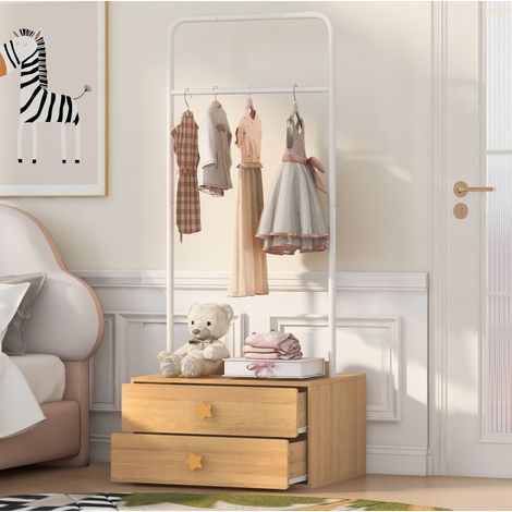 Perchero infantil con 2 cajones y barra para colgar, blanco y madera OKMYHOME (1/5)