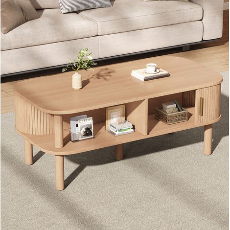 Table basse 110x55x45 cm couleur naturelle, porte coulissante rainurée, MDF et bois, MEUBLIV (1/5)