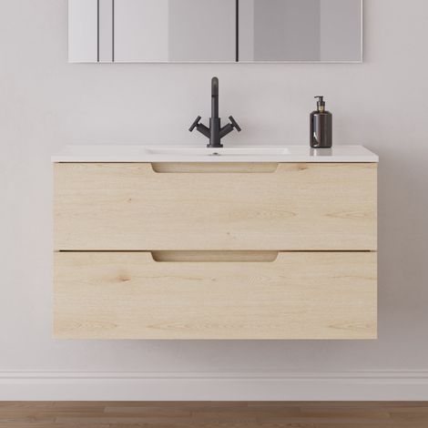 Meuble de salle de bain 90cm simple vasque - 2 tiroirs - sans miroir - roble calima (bois clair) - SONRIZA (1/5)