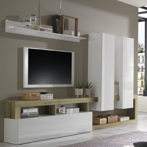 Ensemble tv mural laqué blanc et bois naturel 280cm GAMA (1/4)