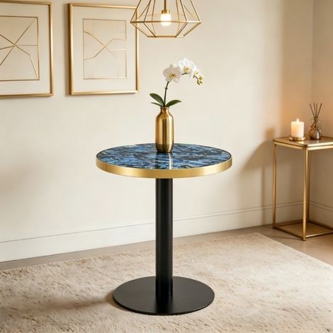 Tavolino rotondo 60x73,7 cm, ideale per soggiorno o balcone, piano effetto blu, struttura in metallo nero (1/5)