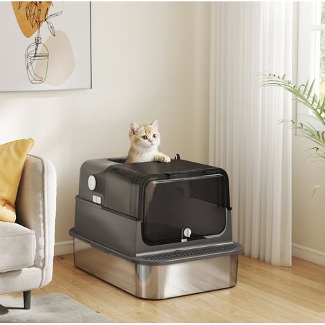 Arenero XXL para gatos con tapa de acero inoxidable, doble acceso, negro DESVIAE (1/5)