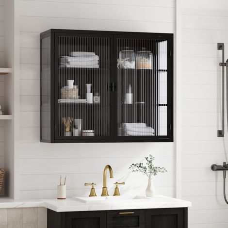 Armoire murale moderne 70 cm à deux portes en verre transparent blanc avec trois niveaux de rangement pour entrée, salon, salle de bain, salle à manger, noir (même référence : W2552P167022) (1/5)
