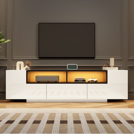 Meuble TV LED blanc brillant 180 x 40 x 48 cm avec tiroir et rangements, pour TV 75" (1/5)