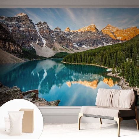 Papier peint intissé mural avec colle pour salon et chambre Décoration murale rapide - Colle incluse gratuite Reflet de montagne 312x219 cm (1/5)