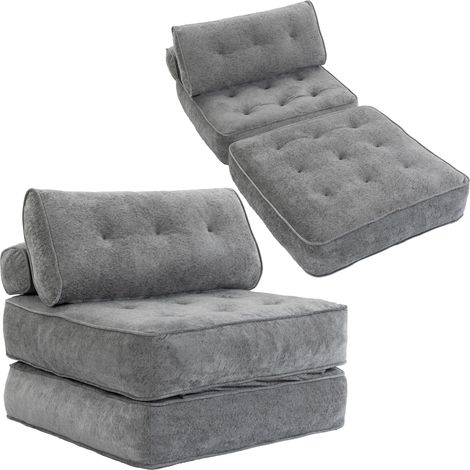Fauteuil convertible - HOMCOM - 1 place, 2 oreillers, 3 en 1, siège épais - chenille - 95x100x84cm - gris clair (1/5)