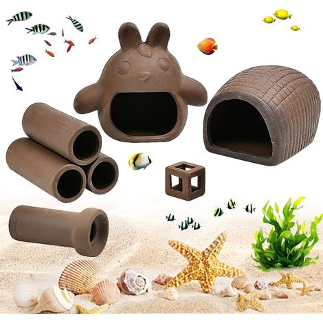 Set of 5 Purple Clay Aquarium Hides and Caves, Natural Decoration, Catfish Shelter, Ceramic Torii Shape, Clay Roll, Small Cube Aquarium Hideout