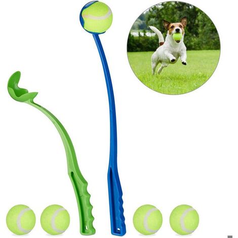 Lanceur de balle pour chiens, Lanceur de balles en lot de 2, 5 balles de tennis inclues, pour chien, bleu/vert (1/5)