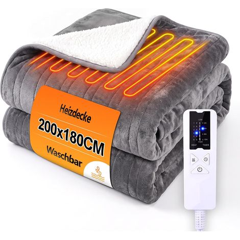ZMH Couverture Chauffante Électrique 200 x 180 cm, Plaid Chauffant avec 6 Niveaux de Chauffage et Arrêt Automatique (1/5)