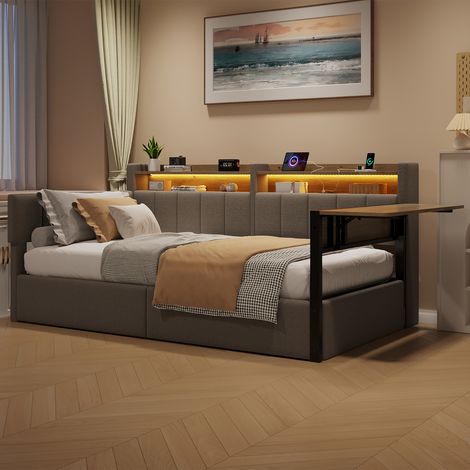 Lit banquette coffre multifonction 90x200 cm en velours avec LED, table pliante, tables de chevet et USB/USB-C - Gris (1/5)