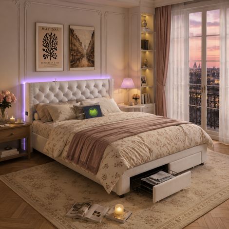 Lit coffre double adulte 160x200 cm en velours rembourré avec éclairage LED, ports USB et Type-C, tiroirs et ports de charge (1/5)