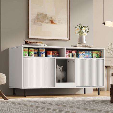 Maison de Toilette Chat - 120x50x66cm - Meuble Litière avec Tapis Récupérateur de Sable et Portes Nervurées - Blanc (1/5)