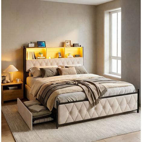 Lit double adulte 180x200 cm avec éclairage LED, table de chevet de rangement et 4 tiroirs, velours beige