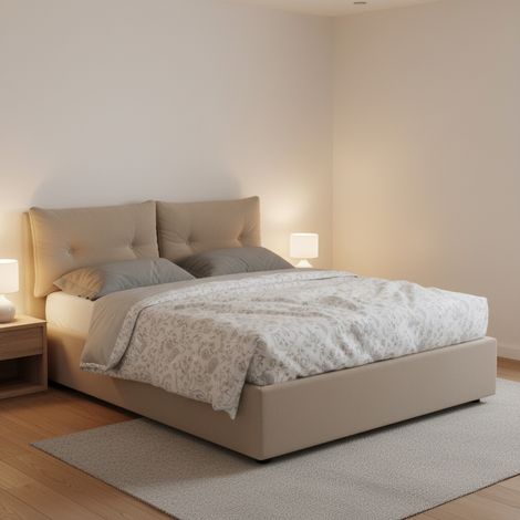 Dmora - Cama de plaza y media Dcolomb, Cama contenedor con tapizado en ecopiel, 100% Made in Italy, Apertura frontal, con colchón Cm 120x190 incluido, Tórtola (1/5)