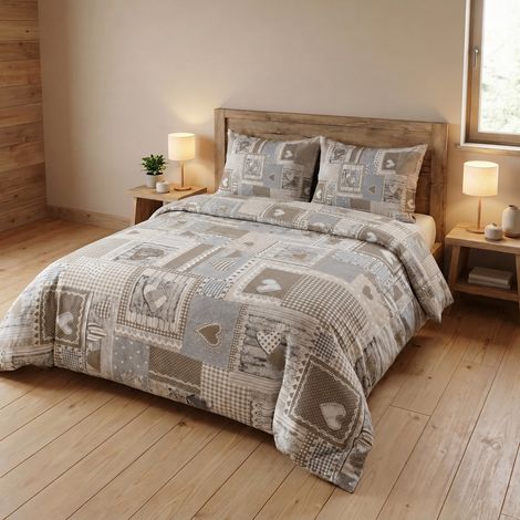 Copripiumino Tirolese Cuori “Aprica” Beige – Cotone 100% Artigianale Made in Italy Cm. 200X200 (1/5)