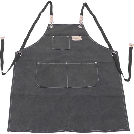 Tablier de cuisine en toile de coton, gris, à bretelles croisées et poches, ajustable. (1/5)