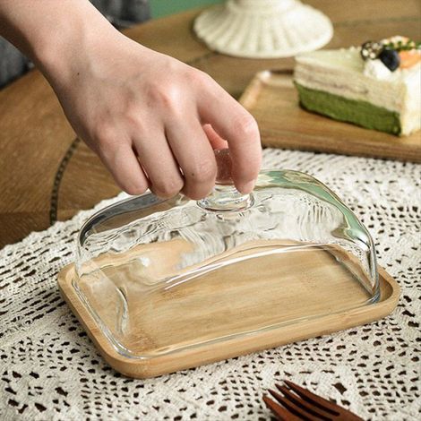 Beurrier en Bambou avec Couvercle en Verre - Plateau à Beurre Transparent pour Réfrigérateur et Comptoir pour Beurre, Bloc de (1/5)