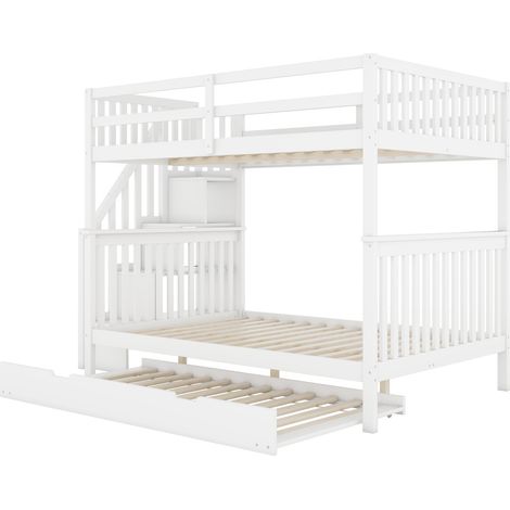 Cama alta infantil 140 x 200 cm con cama nido y escalera con almacenaje, blanca (1/5)