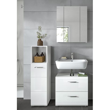 Badmöbel-Set 3-teilig in weiß mit weiß Hochglanz, inkl. Spiegelschrank - IGGESUND-158 (1/5)