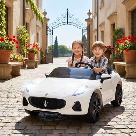Elektro-Kinderauto 120 x 72 x 50 cm aus weißem Kunststoff, 2-Sitzer, Fernbedienung – MEUBLIV (1/5)