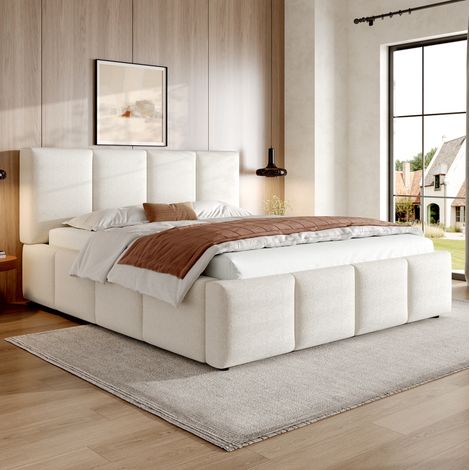 Cama doble minimalista bouclé beige 160x200 cm con cabecero tapizado y somier de láminas (1/5)