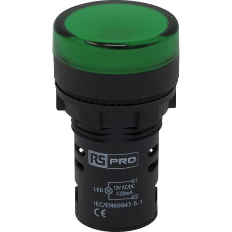 Indicateur LED RS PRO Vert 12V c.a. / V c.c., Ø découpe 22mm, IP65 ( Prix pour 1 ) (1/4)