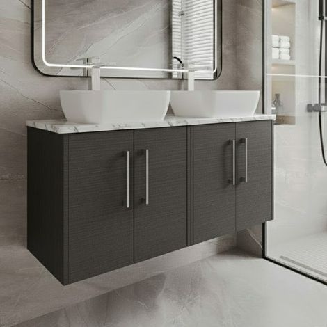 Hudson Reed Juno Wall Hung 4-Door Vanity Unit with Carrera Marble Worktop 1200mm Wide - Graphite Grey Woodgrain (1/4)
