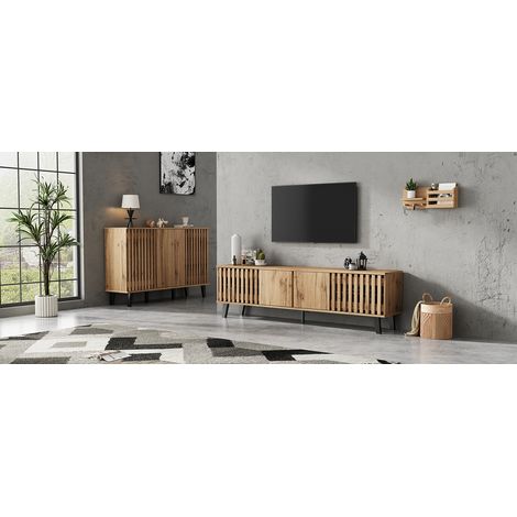 Meuble TV en bois massif 180x40x55 cm et buffet 150x40x95 cm – rangement 8 casiers et 6 tablettes, portes intégrées, pieds solides, idéal séjour et chambre. (1/5)