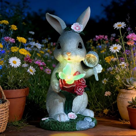 1 Statue Solaire Lapin, Résine Imperméable, Lumière LED Papillon, Décoration Jardin Intérieur Extérieur, Cadeau Maison