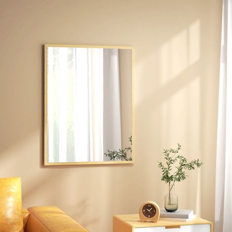 Mampara desmontable, espejo de pared rectangular de 90 x 70 cm, marco de madera, ideal para baño, salón o dormitorio, color natural -Crezuo