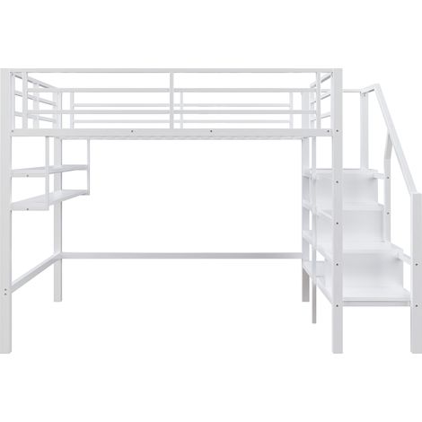 Cama alta infantil 140 x 200 cm en metal y MDF blanca con escalera de almacenamiento (1/5)