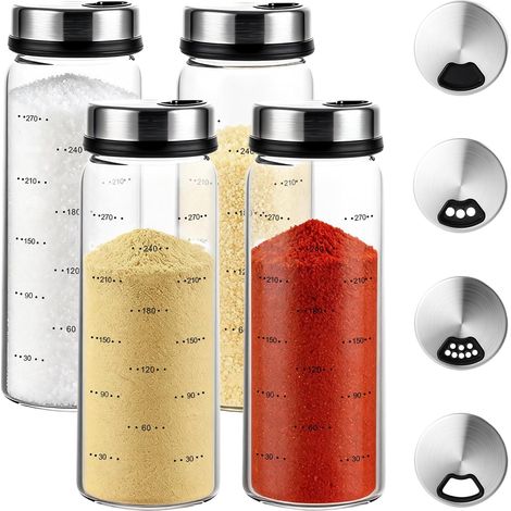 4 Pots à épices, Verre borosilicaté, Couvercle rotatif acier, 300ml, Cuisine et barbecue
