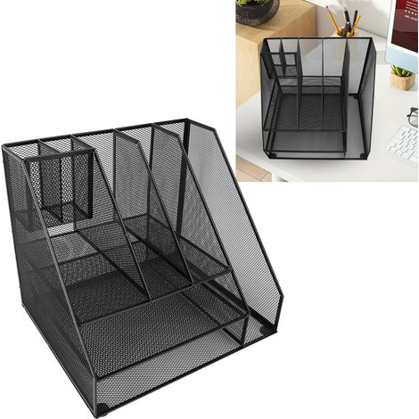 Organiseur de bureau noir 024 avec porte-dossiers, boîte aux lettres à 3 niveaux et porte-stylos à 2 compartiments, accessoires de bureau en maille, organisateur d'espace de travail et étagère de rang (1/5)