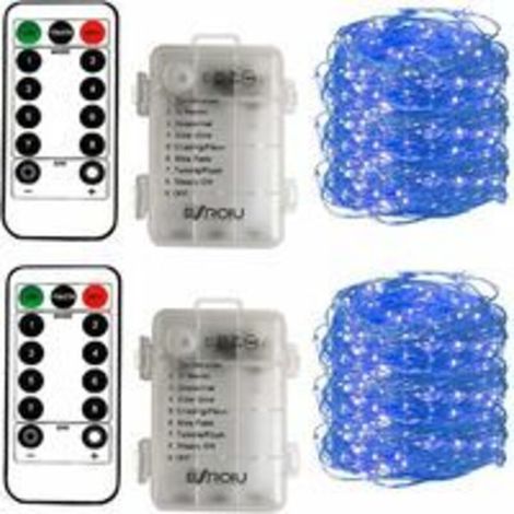 SABIR 2 guirlandes lumineuses fonctionnant avec des piles de 50 leds par micro câble argenté de 5 m 3Aa étanche avec piles avec télécommande de 8 programmes (bleu) (1/5)