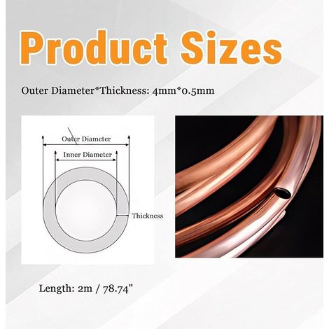 Tube en Cuivre Souple de 2M, Tuyau Rond en Cuivre de Frein OD 4mm/ID 3mm, pour la Technique de Réfrigération, Générateurs (1/5)