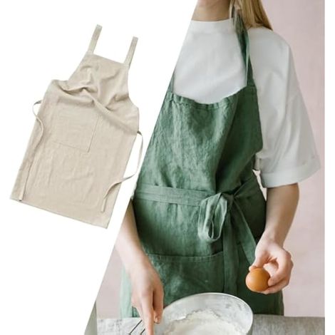 Tablier en lin unisexe, bavoir de Chef, tablier décontracté, doux, Double épaule, pour peinture, cuisine, café, barbecue, travail de jardinage, Blanc beige (1/5)
