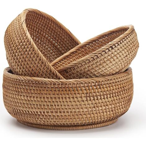 Paniers de Rangement Ronds en Rotin Corbeille à Fruits Tissés Empilable pour étagère de Table de Cuisine Naturel 3 Pièces