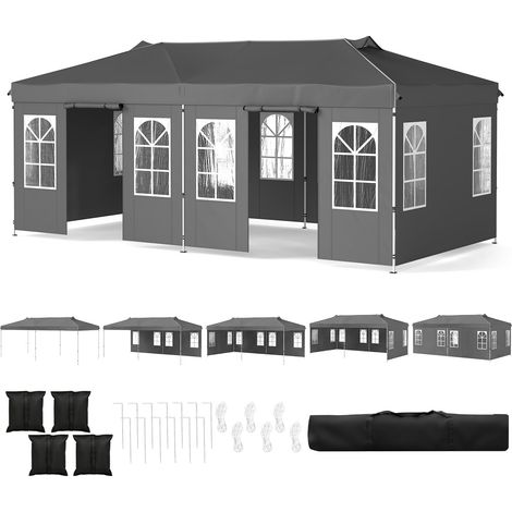 COSTWAY Gazebo da Esterno Pieghevole 3 x 6 m, Tendone Resistente e Regolabile in Altezza con Pareti Rimovibili, Striscie Riflettenti, Sacchi di Sabbia e Borsa, per Fiere, Feste e Campeggio (Grigio) (1/5)