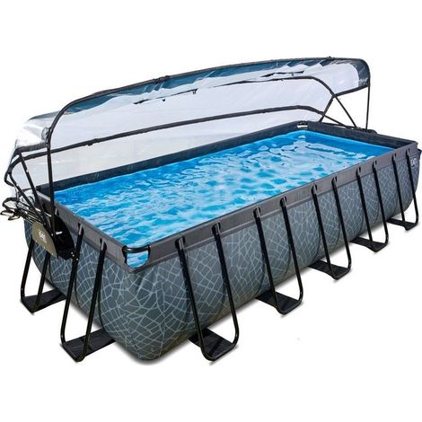 Exit Toys – Piscine tubulaire EXIT Stone 540x250x100cm – Dôme transparent – Pompe filtrante à sable – Pompe à chaleur jusqu'à 40°C – Grise
