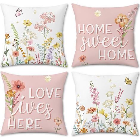 Housses de Coussin Fleurs Rose 45x45 cm Aquarelle Fleur Feuilles Printemps Extérieur Taie d'oreiller Canapé Salon Jardin