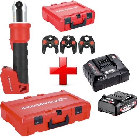 Rothenberger ROMAX NANO Akku Pressmaschine 18 V 34 kN CAS + 1x Akku 2,0 Ah + Ladegerät + 3 tlg. SV Pressbacken Set + Rocase