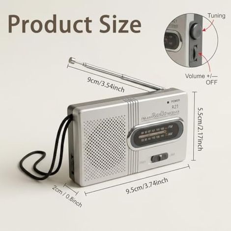 Radio AM FM Portable Mini Piles Compact 2 Bandes Haut-Parleur Intégré Prise Casque Antenne Télescopique pour Voyage Camping Randonnée Extérieur Activités Plein Air Sénior Famille Argent (1/4)