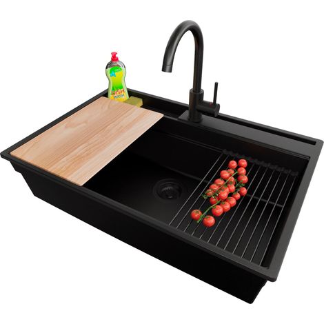 PRIMAGRAN Evier Cuisine en Granit 78x53cm, Lavabo 1 bac + Kit de Vidage + Accessoire, Évier à Encastrer au meuble 80cm - Oslo Pocket, Tout Noir (1/5)