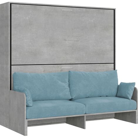Letto doppio a scomparsa Kando con divano cemento, azzurro