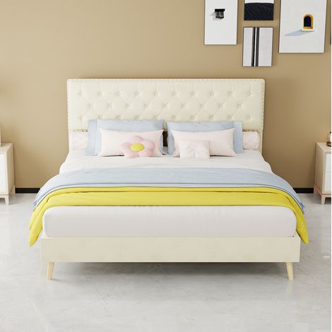 Cama doble tapizada con almacenaje beige 160x200 OKMYHOME (1/5)