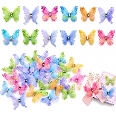 60 Pièces Papillons Décoration en Tulle Organza, Autocollants Muraux 3D Translucides avec Strass, Papillons Multicolores Auto-adhésifs pour Décoration Murale, Projets DIY et Décoration de Fête (1/5)