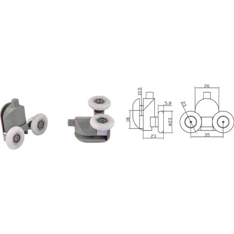 Coppia Cuscinetti Doppia Ruota Attacco Inferiore Box Doccia – Nylon Grigio Ø23 mm – Foro Vetro 12 mm
