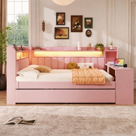 Polster-Tagesbett 140x200 cm mit Ausziehbett, Schreibtisch, LED und USB, Rosa, REDOM (1/5)